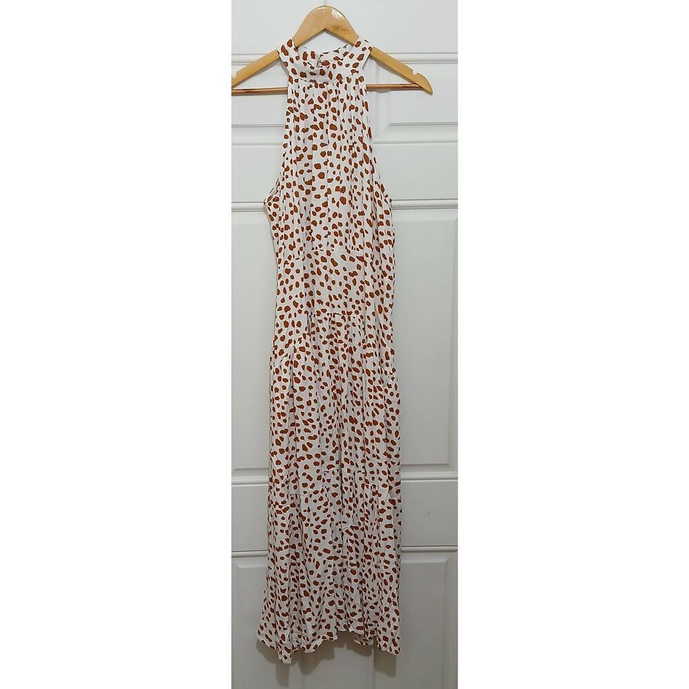 Anna kaci womens large hi neck maxi dress copper brown and white